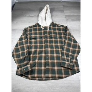 American Eagle Shacket Mens XL Green Brown Plaid Hooded Flannel Button Down